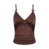 Lace & Mesh-Paneled V-Neck Tank Top — Brown