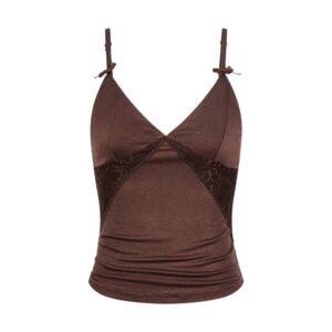 Lace & Mesh-Paneled V-Neck Tank Top — Brown