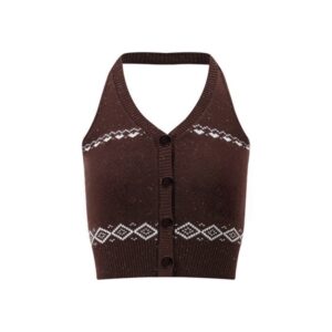Fair Isle Cropped Halter Top — Brown
