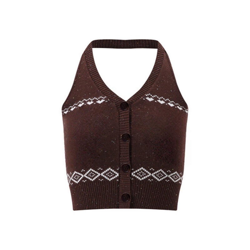 Fair Isle Cropped Halter Top — Brown